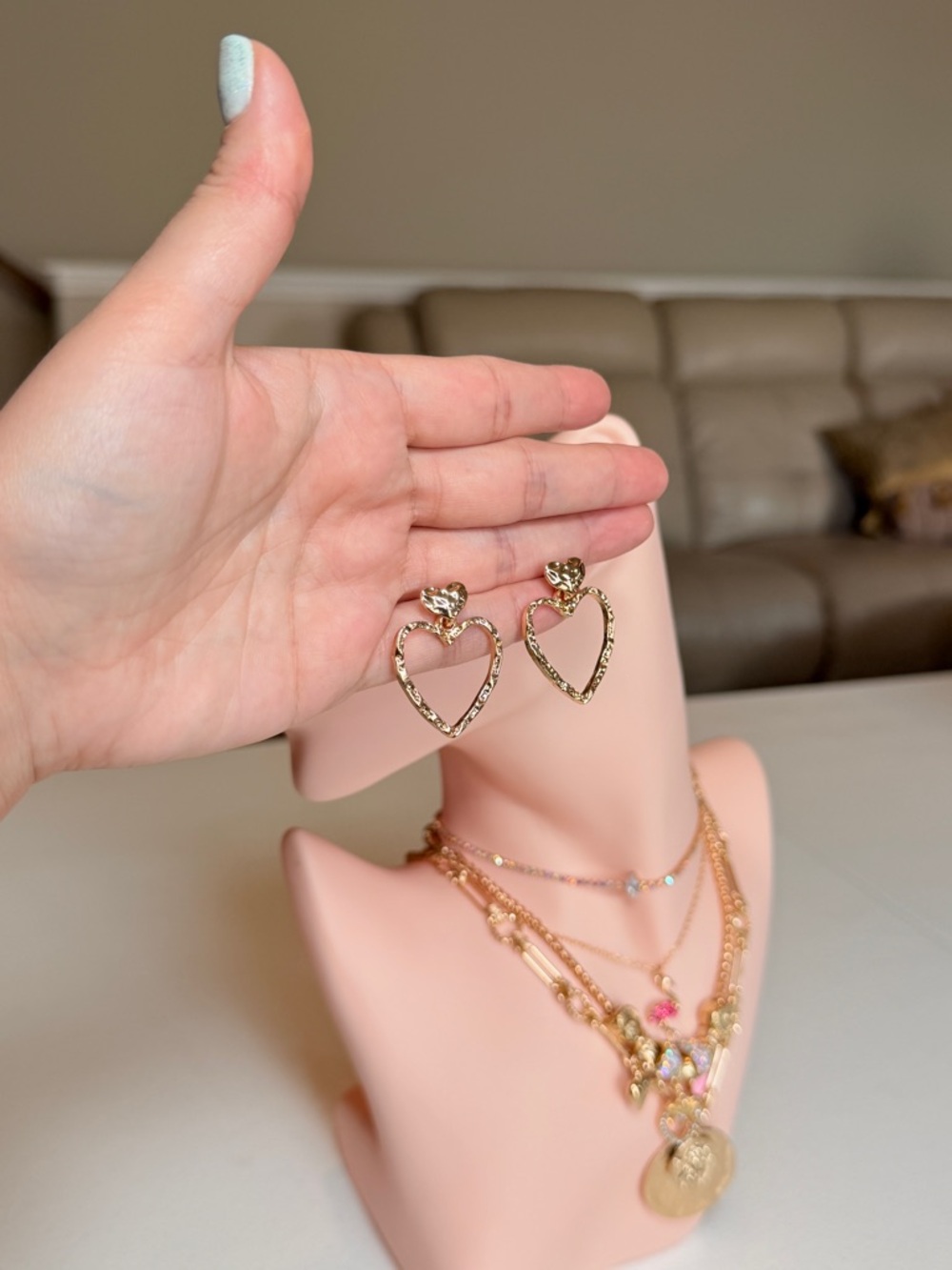 Gold Heart Drop Earrings - Picture 9 of 10